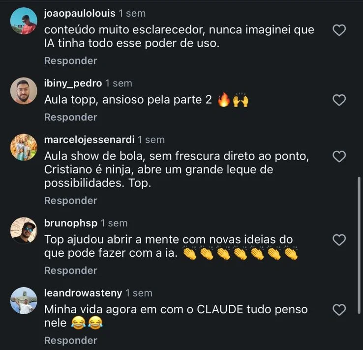 Comentários elogiando o conteúdo da imersão